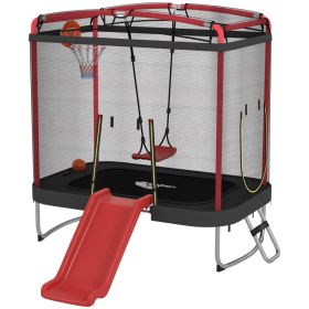 4 x 6FT Trampoline for Kids Indoor & Outdoor with Slide, Swing, Basketball Hoop and Safety Enclosure, Red (Option: Red-1270x490x310 mm)