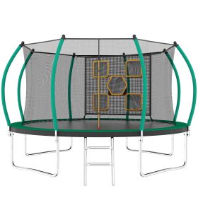 14FT Trampoline With Enclosure - Recreational Trampolines With Ladder, ASTM Approval Outdoor Trampoline For Kids (Option: Black green)