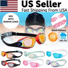 Clear Comfortable Swimming Goggles UV- Anti-Fog Swim Glasses Mirror & Kids (Option: Red with Mirrored Lenses)