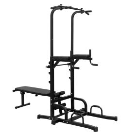Power Tower with Bench Pull Up Bar Dip Station Adjustable Height Dip Stand Heavy Duty Multi-Function Fitness Rack (Option: Black)