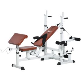 Multi-Exercise Full-Body Weight Rack with Bench Press, Leg Extension, Chest Fly Resistance Band & Preacher Curl (Option: White, Brown-1180x580x170 mm)