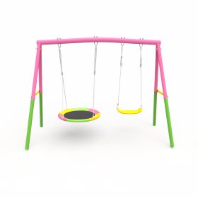 Swing Set For Backyard, 330lbs Swing Set With Heavy-Duty A-Frame Metal Outdoor Swing Stand, 1 Saucer Swing Seat & 1 Belt Swings Seat (Option: Pink)
