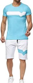Men's Splicing 2 Piece Tracksuits Casual Short Sleeve Shirts and Shorts Suits (Color: Blue, size: L)
