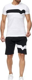 Men's Splicing 2 Piece Tracksuits Casual Short Sleeve Shirts and Shorts Suits (Color: White, size: L)