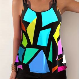 Geometric Pattern Multicolored Tankini Sets, Round Neck Boxer Short Bottom Two Pieces Swimsuit, Women's Swimwear & Clothing (Color: Yellow, size: S(4))