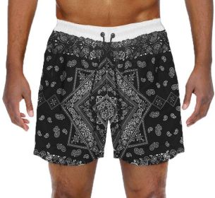 Paisley Bandana Print Swimming Shorts (Color: Black, size: 2XL)