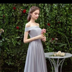 Bridesmaid Long Gray Bridesmaid Sisters Wedding Slimming Off-shoulder Banquet Dress (Option: Gray F-L)