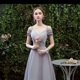 Bridesmaid Long Gray Bridesmaid Sisters Wedding Slimming Off-shoulder Banquet Dress (Option: Gray D-M)